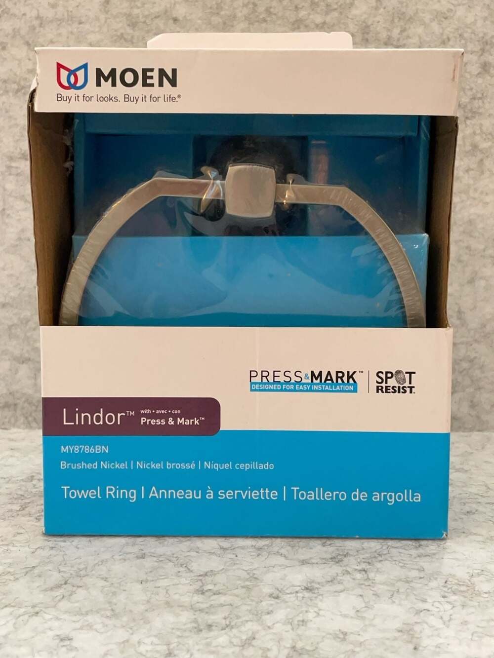 Moen Lindor Towel Ring with Press & Mark and Spot Resist in Brushed Nickel (MY87